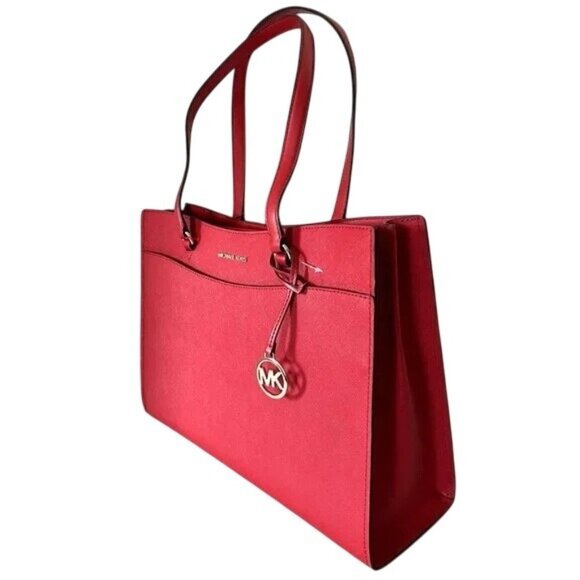 New Michael Kors Jet Set Travel Large Saffiano Bright Red Leather Pocket Tote